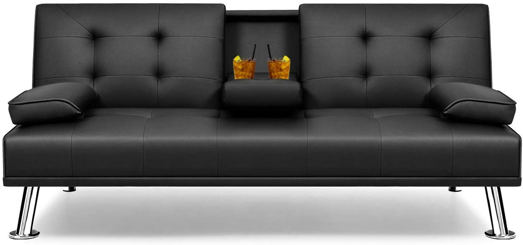 Futon Sofa Bed Modern Faux Leather Couch, Convertible Folding Recliner Lounge Futon Couch for Living Room with 2 Cup Holders with Armrest (Black)