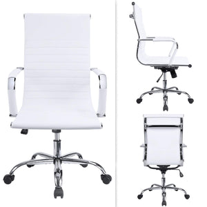 Office Desk Chair Mid Back Leather Height Adjustable Swivel Ribbed Chairs Ergonomic Executive Conference Task Chair with Arms (White)