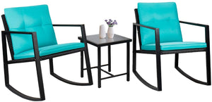 Brand New 3 Pieces Patio Furniture Set Rocking Wicker Bistro Sets Modern Outdoor Rocking Chair Furniture Sets Cushioned PE Rattan Chairs Conversation Sets with Coffee Table (Blue)