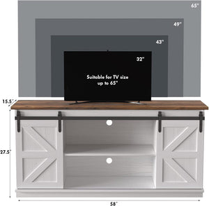Farmhouse TV Stand for 65 Inch TV, Mid Century Modern Entertainment Center with Sliding Barn Doors and Storage Cabinets, Metal Media TV Console Table for Living Room Bedroom (White)