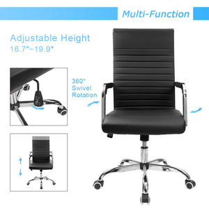 Ribbed Office Desk Chair Mid-Back PU Leather Executive Conference Task Chair Adjustable Swivel Chair with Arms (White or Black)
