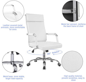 Office Desk Chair Mid-Back Computer Chair Leather Executive Adjustable Swivel Task Chair Conference Chair with Armrests (White)