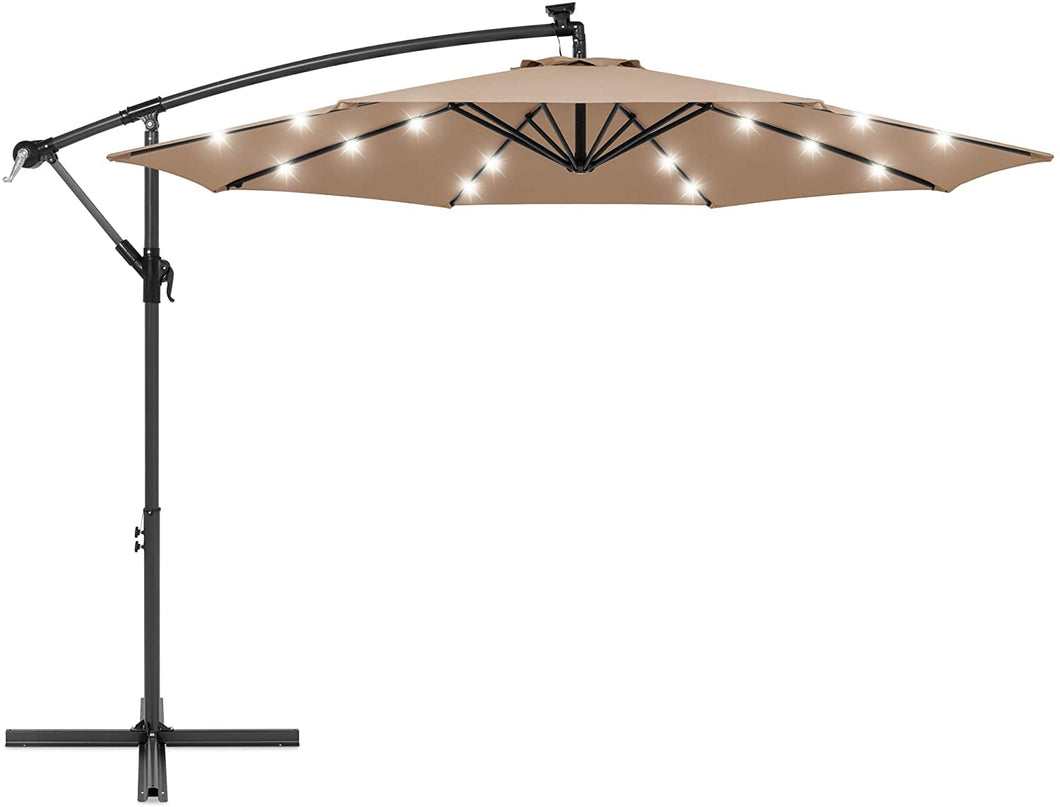 Patio Umbrella 10ft Solar LED Offset Hanging Market Patio Umbrella for Backyard, Poolside, Lawn and Garden w/Easy Tilt Adjustment, Polyester Shade, 8 Ribs - Khaki