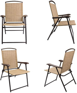 Patio Folding Chair Deck Sling Back Chair Camping Garden Pool Beach Using Chairs Space Saving Set of 2 (Beige)