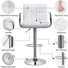 Load image into Gallery viewer, Bar Stools Set of 2 Modern Square PU Leather Adjustable BarStools Counter Height Stools with Arms and Back Bar Chairs 360° Swivel Stool White
