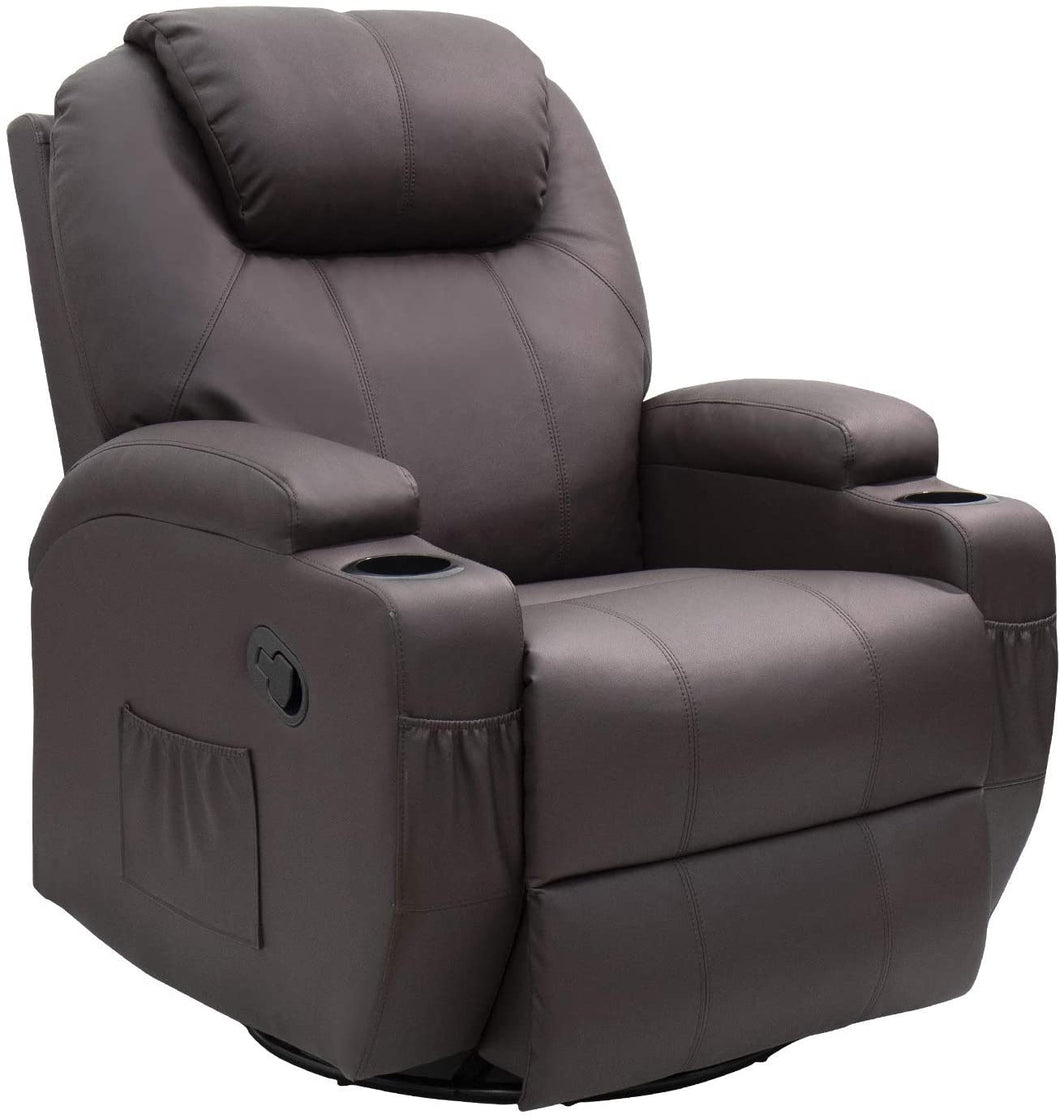 Rocking Chair Recliner Chair with Massage and Heating 360 Degree Swivel Ergonomic Lounge Chair Classic Single Sofa with 2 Cup Holders Side Pockets Living Room Chair Home Theater Seat (Brown)
