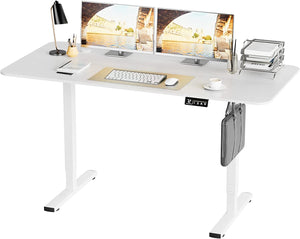 Electric Height Adjustable Standing Desk Large Sit Stand up Desk Home Office Computer Desk 55 x 24 Inches Lift Table with T-Shaped Metal Bracket, White