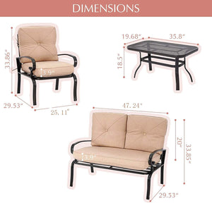 NEW 4-Piece Outdoor Metal Furniture Sets Patio Conversation Set Wrought Iron Loveseat, 2 Single Chairs, Coffee Table with Cushion, Lawn Front Porch Garden, Brown