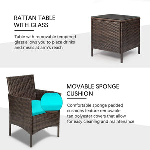 Brand New 3 Pieces PE Rattan Wicker Chairs with Table Outdoor Garden Furniture Sets (Brown/Blue)