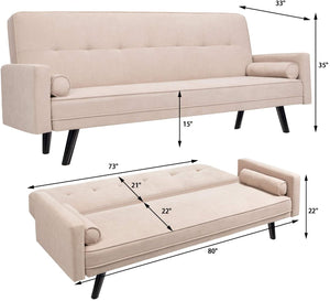 Mid-Century Futon Sofa Bed Modern Fabric Couch Convertible Reclining Sofa Bench Seat with 2 Cushion for Living Room and Office, 80 inch Length (Beige)