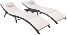 Load image into Gallery viewer, Patio Chaise 3 Pieces Lounge with Cushions Unadjustable Modern Outdoor Furniture Set PE Wicker Rattan Backrest Lounger Chair Patio Folding Chaise Lounge with Folding Table (3 Pieces)
