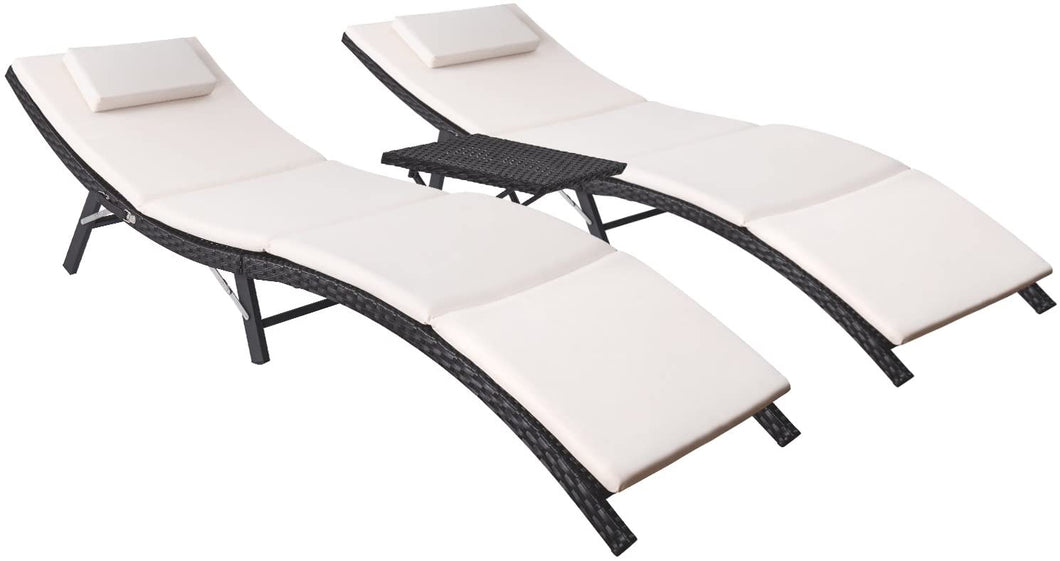 Patio Chaise 3 Pieces Lounge with Cushions Unadjustable Modern Outdoor Furniture Set PE Wicker Rattan Backrest Lounger Chair Patio Folding Chaise Lounge with Folding Table (3 Pieces)