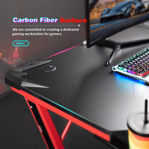 Gaming Desk 44 Inch Gaming Table Computer Desk Gamer Table Z Shape Game Station with Large Carbon Fiber Surface, Cup Holder & Headphone (Red)