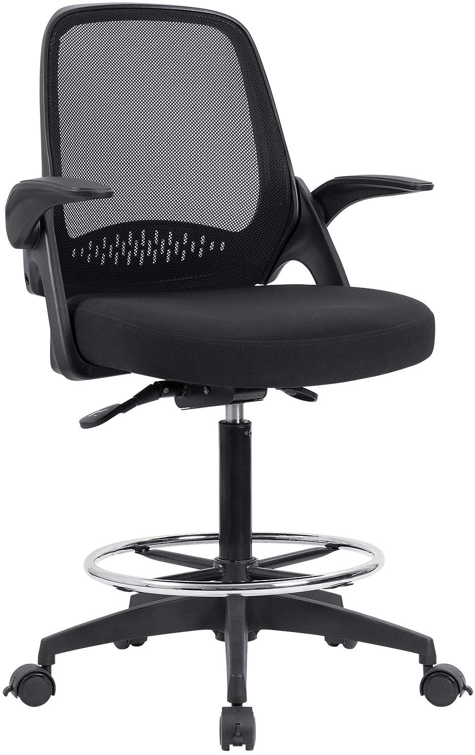 Drafting Chair Tall Office Chair with Flip-up Armrests Executive Computer Standing Desk Chair with Lockable Wheels and Adjustable Footrest Ring (Black)