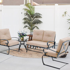 NEW 4 Pieces Outdoor Furniture Patio Conversation Set Glider Loveseat, 2 Chairs with Round Side Table Spring Lounge Chair Sets Metal Frame Wrought Iron Look (Brown)