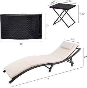 Patio Chaise Lounge Sets Outdoor Rattan Adjustable Back 3 Pieces Cushioned Patio Folding Chaise Lounge with Folding Table (Beige)