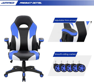 Gaming Chair Ergonomic Leather Racing Computer Chair High Back Adjustable Swivel Executive Office Desk Chair with Flip-Up Armrest (Blue)