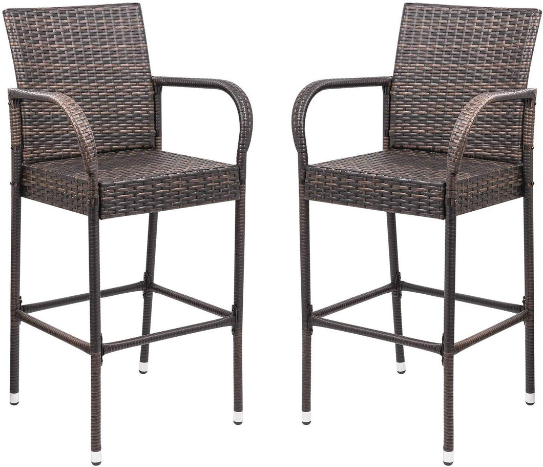 Patio Bar Stools Wicker Barstools Indoor Outdoor Bar Stool Patio Furniture with Footrest and Armrest for Garden Pool Lawn Backyard Set of 2 (Brown)