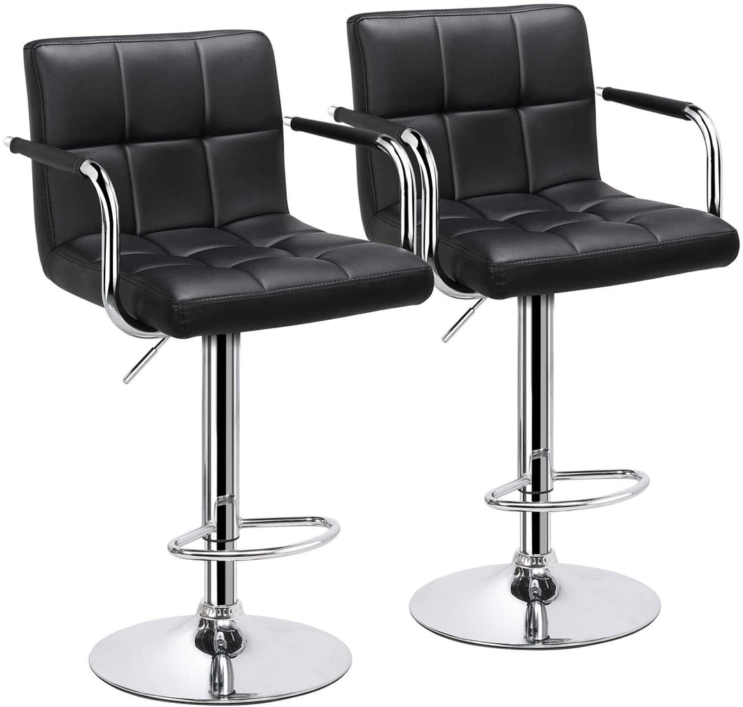 Bar Stools Set of 2 Modern Square PU Leather Adjustable BarStools Counter Height Stools with Arms and Back Bar Chairs 360° Swivel Stool(Black)