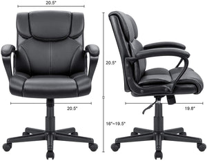 Mid Back Executive Office Chair Swivel Computer Task Chair with Armrests,Ergonomic Leather-Padded Desk Chair with Lumbar Support(Black)