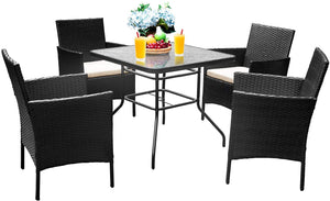 NEW 5 Pieces Patio Dining Set Patio Furniture Set Outdoor Furniture Set, Square Glass Table Top with Umbrella Hole (Beige)