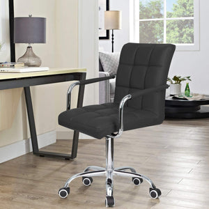 Mid-Back Office Task Chair Ribbed PU Leather Executive Chair Modern Adjustable Home Desk Chair Retro Comfortable Work Chair 360 Degree Swivel with Arms (Black)