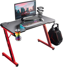 Load image into Gallery viewer, Gaming Desk 44 Inch Gaming Table Computer Desk Gamer Table Z Shape Game Station with Large Carbon Fiber Surface, Cup Holder &amp; Headphone (Red)
