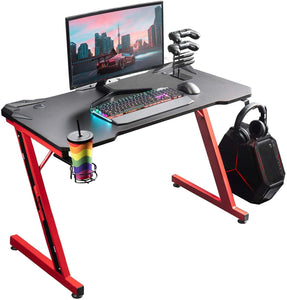 Gaming Desk 44 Inch Gaming Table Computer Desk Gamer Table Z Shape Game Station with Large Carbon Fiber Surface, Cup Holder & Headphone (Red)
