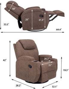 Rocking Chair Recliner Chair with Massage and Heating 360 Degree Swivel Ergonomic Lounge Chair Classic Single Sofa with 2 Cup Holders Side Pockets Living Room Chair Home Theater Seat (Brown)