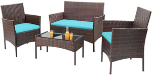 Brand New 4 Pieces Outdoor Patio Furniture Sets Rattan Chair Wicker Set, Outdoor Indoor Use Backyard Porch Garden Poolside Balcony Furniture Sets (Brown and Blue)