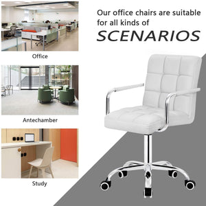 Mid-Back Office Task Chair Ribbed PU Leather Executive Chair Modern Adjustable Home Desk Chair Retro Comfortable Work Chair 360 Degree Swivel with Arms (White)