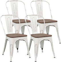Load image into Gallery viewer, Metal Dining Chairs with Wood Seat, Distressing Tolix Style Indoor-Outdoor Stackable Industrial Chair with Back Set of 4 for Kitchen, Dining Room, Bistro and Cafe (White Distressed)
