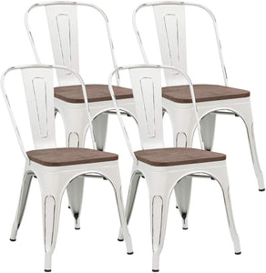 Metal Dining Chairs with Wood Seat, Distressing Tolix Style Indoor-Outdoor Stackable Industrial Chair with Back Set of 4 for Kitchen, Dining Room, Bistro and Cafe (White Distressed)