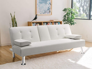 Futon Sofa Bed Modern Faux Leather Couch, Convertible Folding Recliner Lounge Futon Couch for Living Room with 2 Cup Holders with Armrest (White)