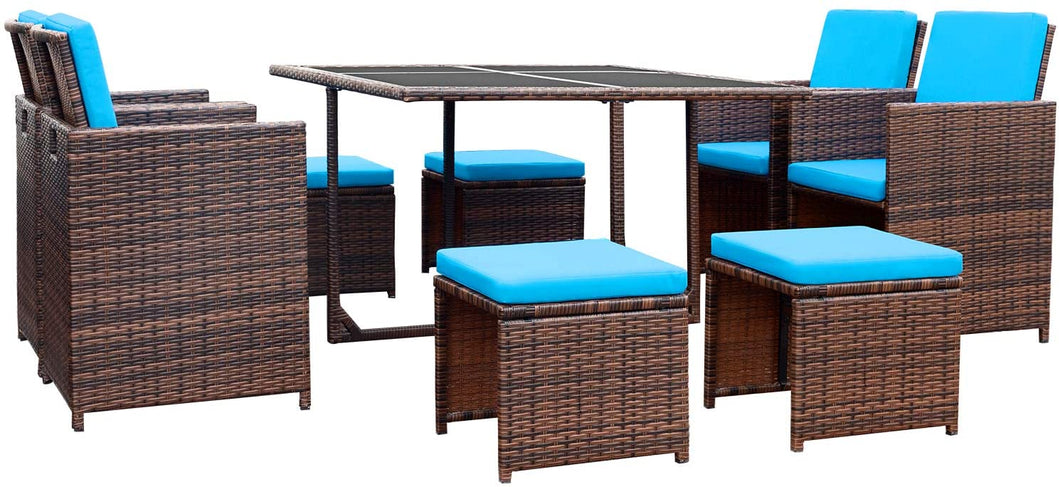 Brand New 9 Pieces Patio Dining Sets Outdoor Space Saving Rattan Chairs with Glass Table Patio Furniture Sets Cushioned Seating and Back Sectional Conversation Set (Blue)