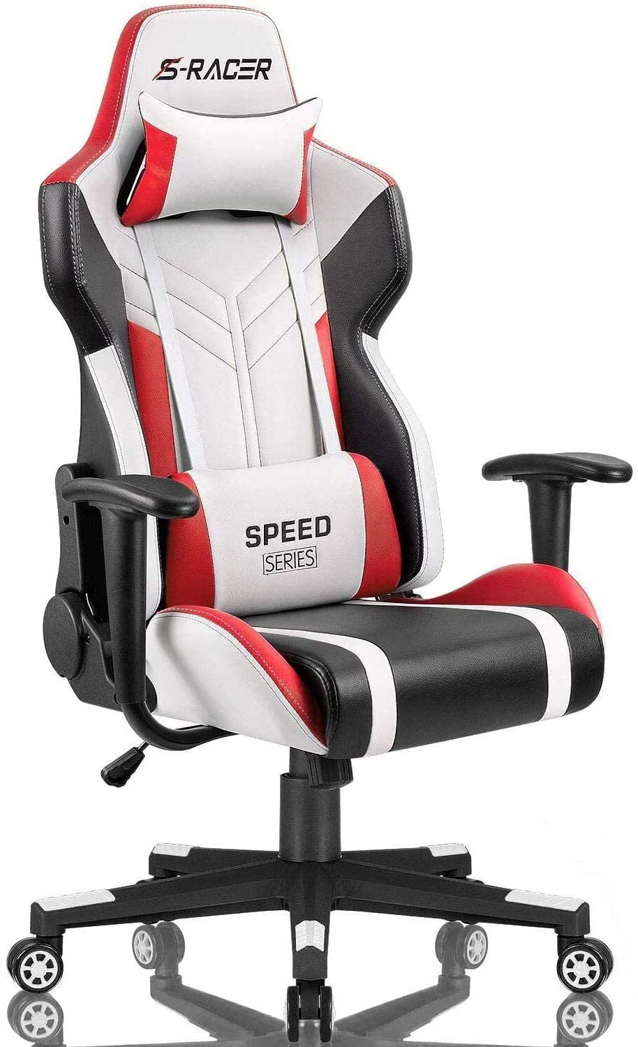 Gaming Chair Racing Style High-Back PU Leather Office Chair Computer Desk Chair Executive and Ergonomic Swivel Chair with Headrest and Lumbar Support (White/Red)