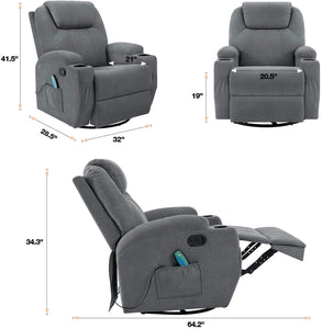 Rocking Chair Recliner Chair with Massage and Heating 360 Degree Swivel Ergonomic Lounge Chair Classic Single Sofa with 2 Cup Holders Side Pockets Living Room Chair Home Theater Seat (Gray)
