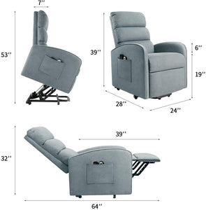 Power Lift Up Recliner Chair for Elderly with Vibration Massage Fabric Sofa Ergonomic Lounge Chair for Living Room Motorized Classic Single Sofa (Blue Grey)