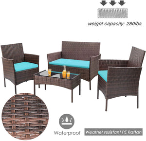 Brand New 4 Pieces Outdoor Patio Furniture Sets Rattan Chair Wicker Set, Outdoor Indoor Use Backyard Porch Garden Poolside Balcony Furniture Sets (Brown and Blue)