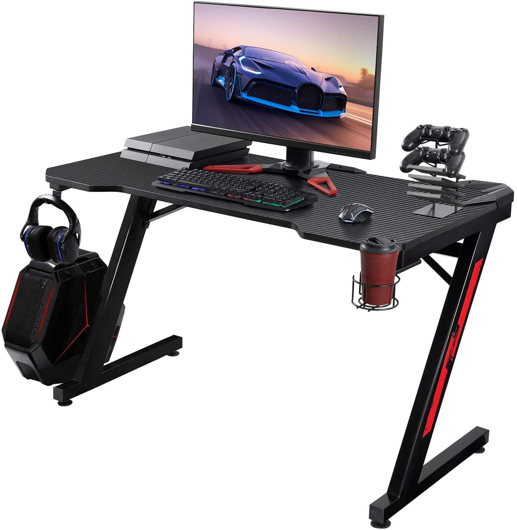 Gaming Desk 46.4 inch Home Office Desk Z Shaped PC Gaming Table Workstation with Carbon Fiber Surface Cup Holder & Headphone Hook (Black)