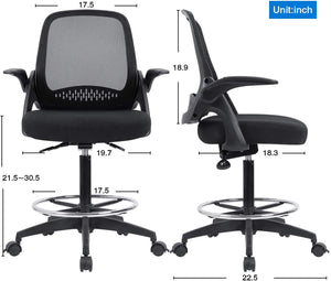 Drafting Chair Tall Office Chair with Flip-up Armrests Executive Computer Standing Desk Chair with Lockable Wheels and Adjustable Footrest Ring (Black)