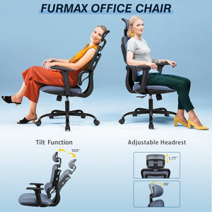 Ergonomic Office Chair Computer Desk Chair Mesh Fabric High Back Swivel Chair with Adjustable Headrest and Armrests Executive Rolling Chair with Curved Lumbar Support (Gray)