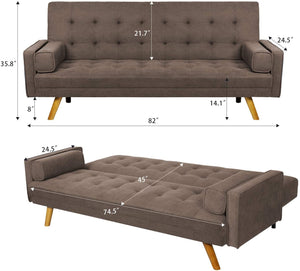 Modern Couch Living Room, Upholstered Convertible Folding Futon Sofa Bed with Fabric Tufted Split Back, Solid Wood Legs and Straight Armrests, 75.50"x 26.80"x 15.50", Brown