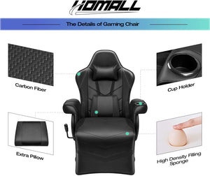 Gaming Chair Computer Gaming Recliner Chair Racing Style Pu Leather Ergonomic Adjusted Reclining Video Gaming Chair Single Sofa Chair with Footrest Headrest and Lumbar Support (Black)