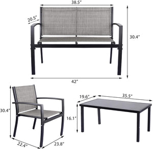 Brand New 4 Pieces Patio Furniture Set Modern Conversation Set Outdoor Garden Patio Bistro Set with Glass Coffee Table for Home, Porch, Lawn (Grey)