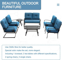 Load image into Gallery viewer, NEW 7-Piece Outdoor Metal Furniture Sets Patio Conversation Set Wrought Iron Loveseat, 2 Single Chairs, 2 Spring Chairs and Coffee Table, Peacock Blue
