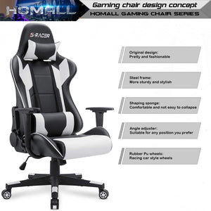 Gaming Chair Office Chair High Back Computer Chair PU Leather Desk Chair PC Racing Executive Ergonomic Adjustable Swivel Task Chair with Headrest and Lumbar Support (White)