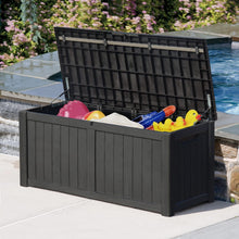 Load image into Gallery viewer, NEW Resin Deck Box 120 Gallon Waterproof Large Deck Boxes Plus Outdoor Indoor Storage Box Imitation Wood Resin for Patio Furniture Garden Tools and Pool,Dark Black
