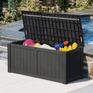 NEW Resin Deck Box 120 Gallon Waterproof Large Deck Boxes Plus Outdoor Indoor Storage Box Imitation Wood Resin for Patio Furniture Garden Tools and Pool,Dark Black