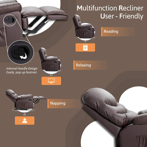 Pawnova Wing Back PU Leather Massage Recliner Chair, Adjustable Home Theater Seating, Soft Padding Single Sofa for Living Room, Brown